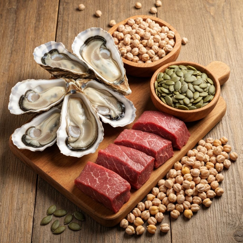 Collection of zinc-rich foods including oysters, beef, and seeds
